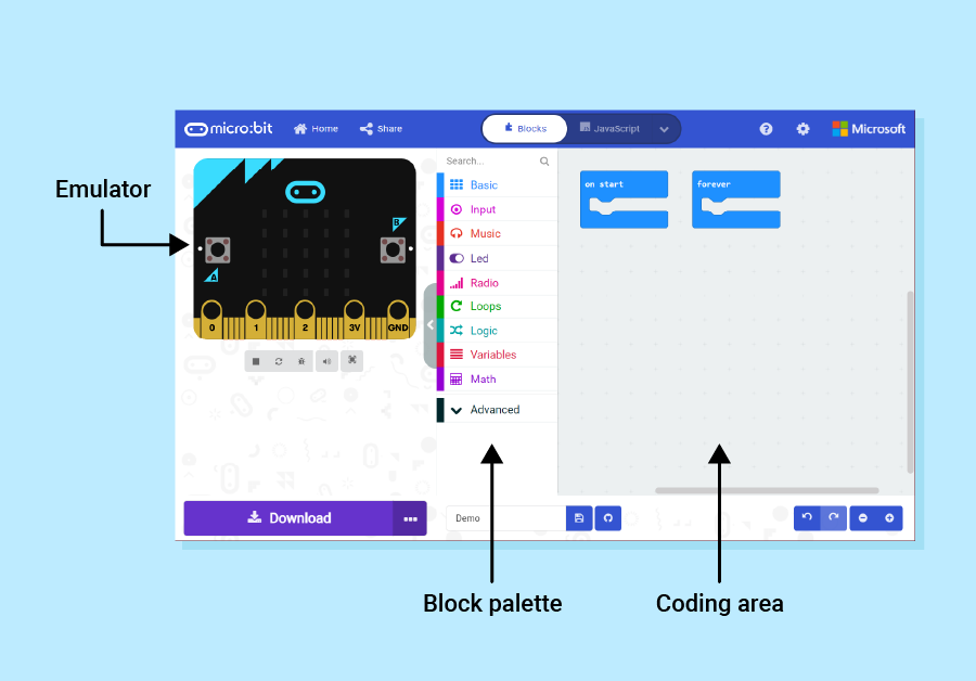 Screenshot of the MakeCode programming environment, as described below, with the emulator, block palette, and coding area labelled.