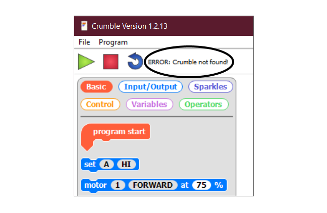 Connection error message at the top of the Crumble software