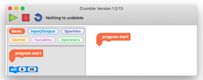 A screenshot of the Crumble programming environment with the start block in the program workspace.