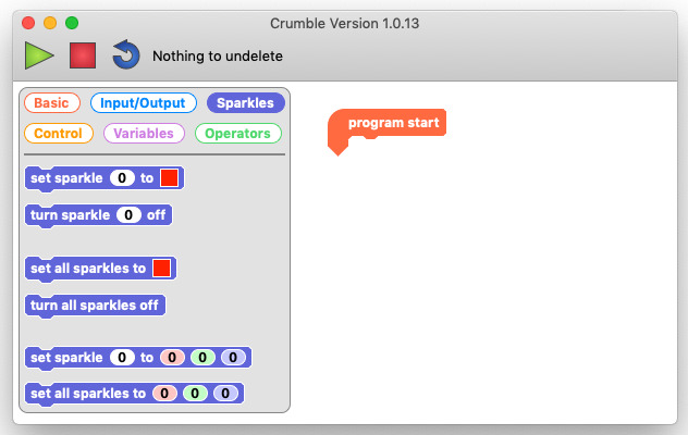 A screenshot of the Crumble programming environment showing the six Sparkle code blocks in the Sparkle code block palette. The code blocks shown are: 'set sparkle 0 to red', 'turn sparkle 0 off', 'set all sparkles to red', 'turn all sparkles off', 'set sparkle 0 to red, green, blue values', 'set all sparkles to red, green, blue values'.