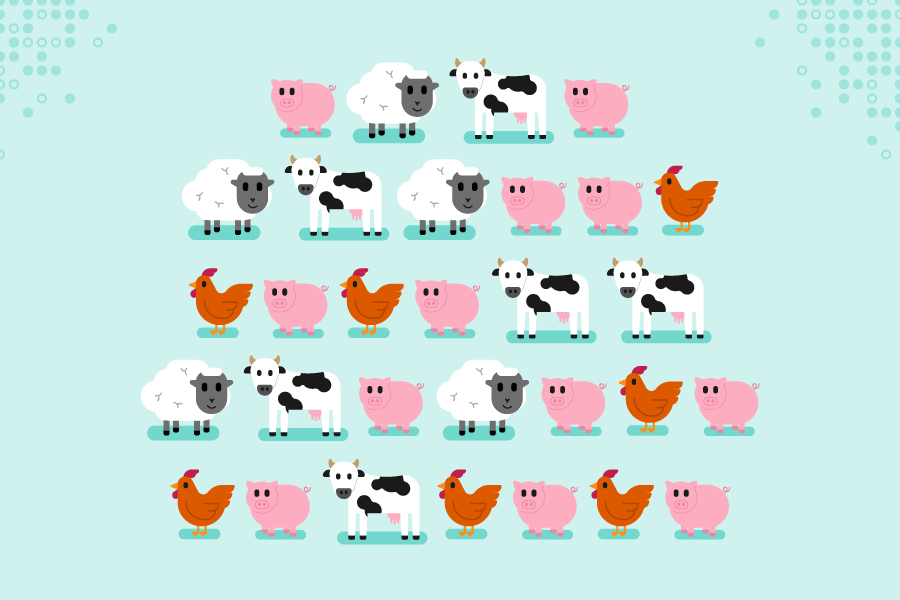 Cartoon animals arranged randomly. There are 6 cows, 12 pigs, 7 chickens, and 5 sheep.